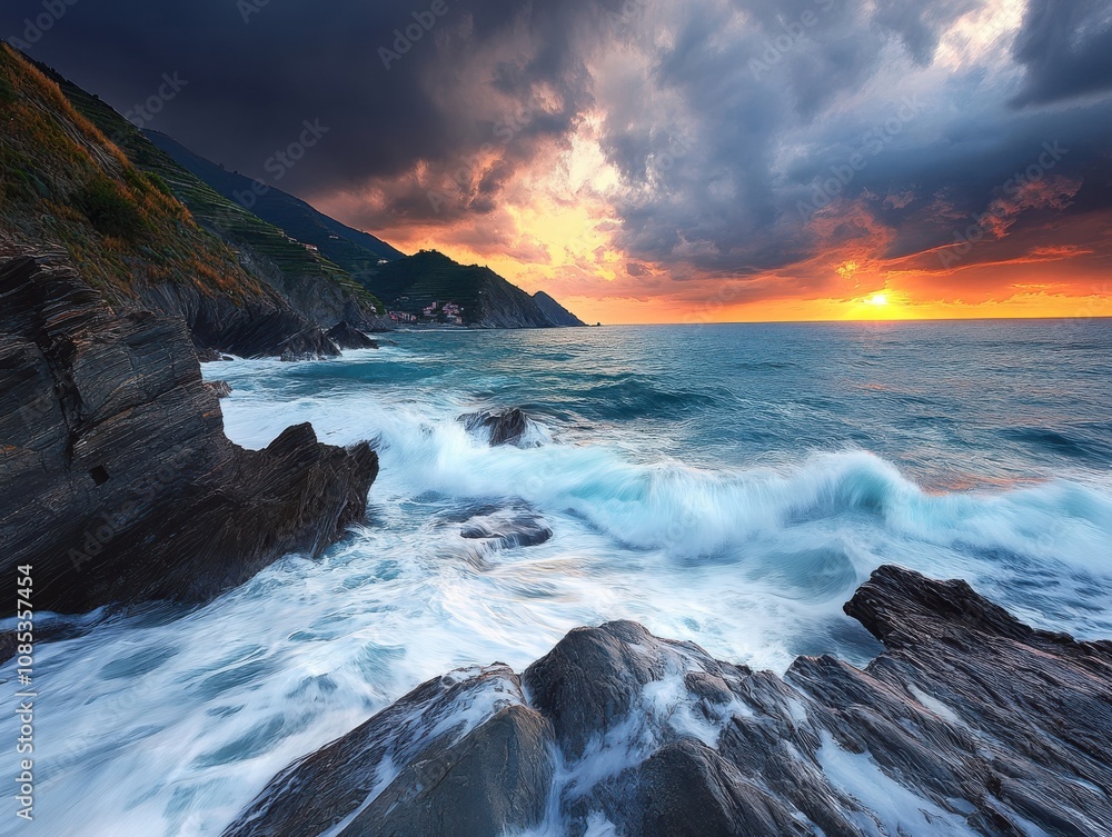 Fototapeta premium Dramatic sunset over the ocean, waves crashing against dark rocky coastline. Breathtaking view of nature's power and beauty.