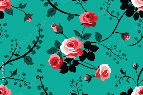 Create a vector graphic of a classic rose pattern featuring both pink and red roses.  The design should be elegant and suitable for various applications.