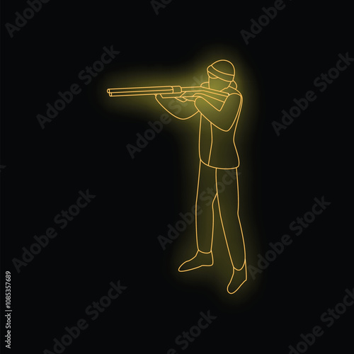 Minimal illustration of hunter aiming and shooting with shotgun, view in perspective, neon style