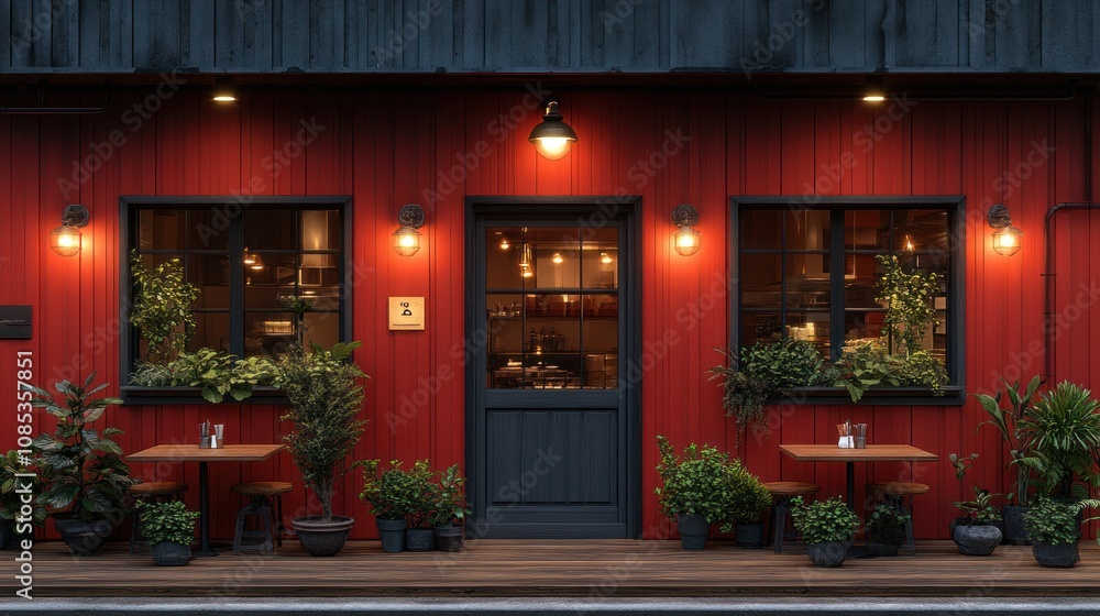 Cozy red restaurant exterior with plants and inviting atmosphere. Cozy red restaurant exterior with plants and inviting atmosphere.