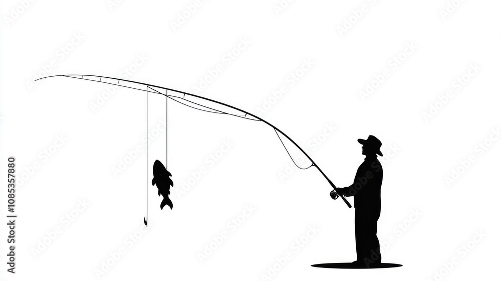 Obraz premium Silhouette of a Fisherman Holding a Fishing Rod with a Fish
