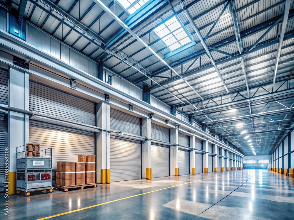 Roller Shutter Door in Large Factory Warehouse with Copy Space for Industrial Use, showcasing the robust design and functionality of commercial spaces, ideal for manufacturing and logistics needs. Roller Shutter Door in Large Factory Warehouse with Copy Space for Industrial Use, showcasing the robust design and functionality of commercial spaces, ideal for manufacturing and logistics needs.