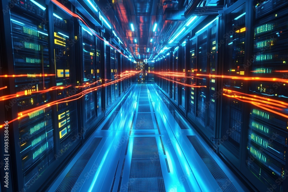 Fototapeta premium multicolored network cables and illuminated servers in the data center