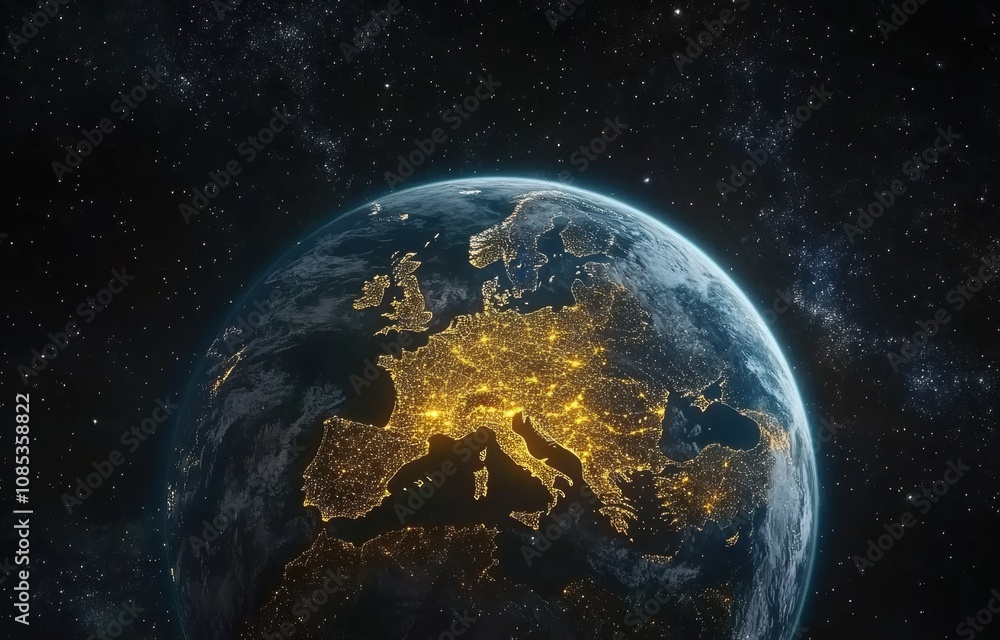 Obraz premium Stunning Satellite View of Earth at Night Showcasing Vibrant City Lights across Europe with a Gorgeous Starry Background in a Cosmic Perspective
