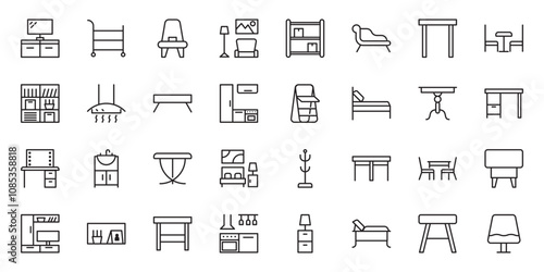 Furniture flat line icons set. Kitchen, bedroom, sofa table, bookcase closet, chair, mattress, lamps, ladder vector illustrations