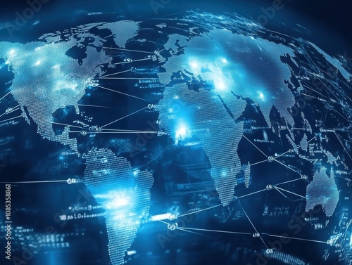 Futuristic Global Network Visualization with Digital Map Representing Connectivity Across Continents and Nations in a Data-Driven World photo