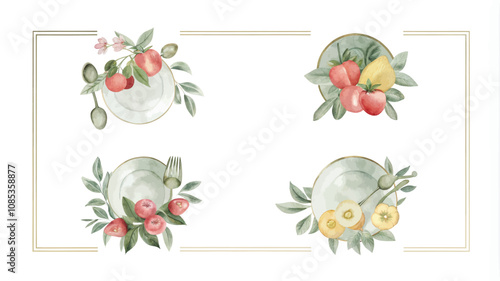 Watercolor vector illustration of a set of plates with fruits and berries