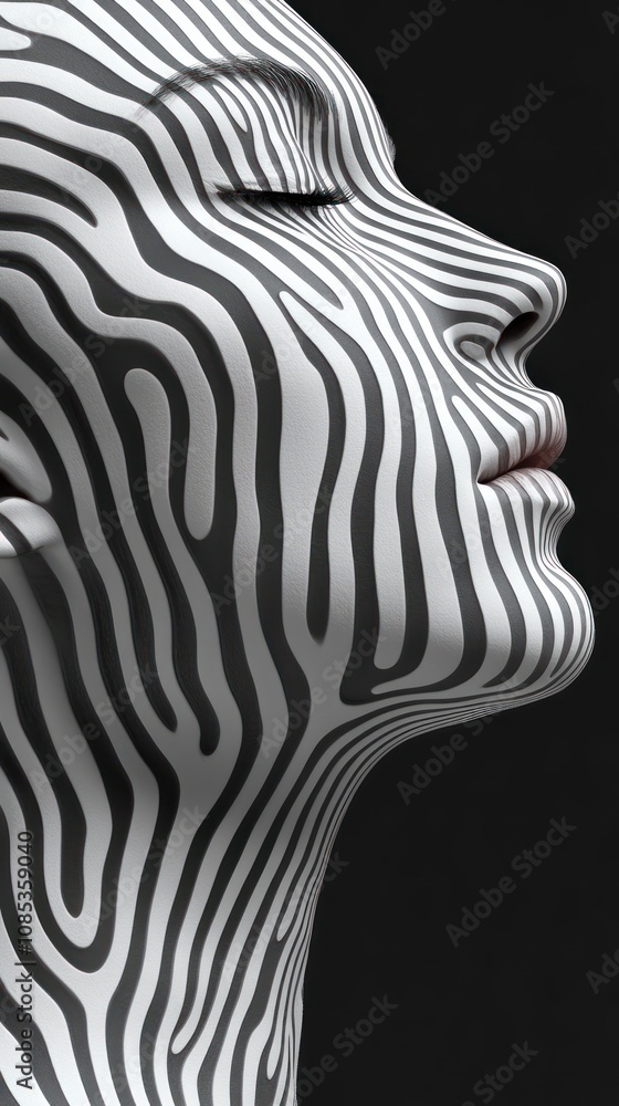 A stylized face with wavy black and white patterns. A stylized face with wavy black and white patterns.