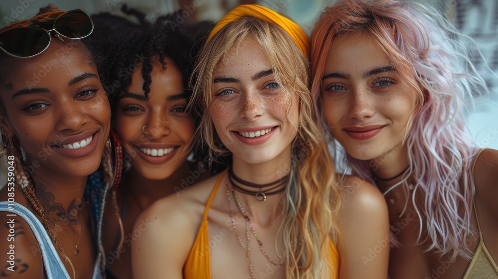 Group of diverse women shares joyful laughter, embodying unity through mutual respect, friendship. Their unique appearances reflect strength, harmony found in togetherness. Group of diverse women shares joyful laughter, embodying unity through mutual respect, friendship. Their unique appearances reflect strength, harmony found in togetherness.
