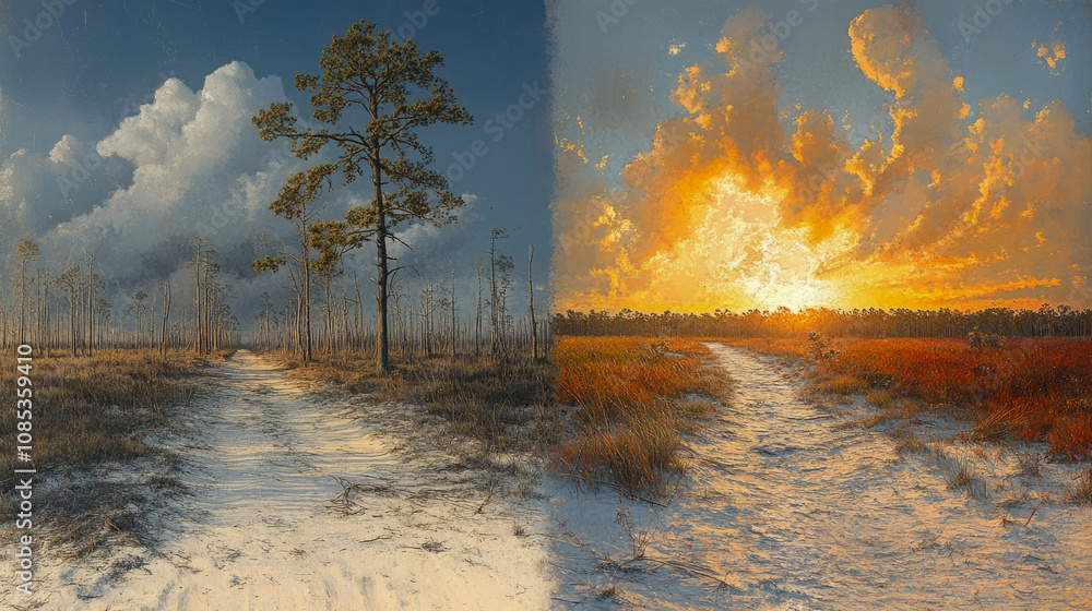 Fototapeta premium The beauty of two seasons, with a vibrant sunset illuminating one side and clear skies hosting fluffy clouds on the other, surrounded by natural terrain
