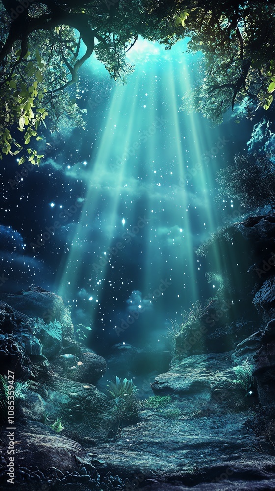 Obraz premium Stunning long shot of fantasy worlds merging with lush environments, serene glowing trees, mystical landscapes, captivating details