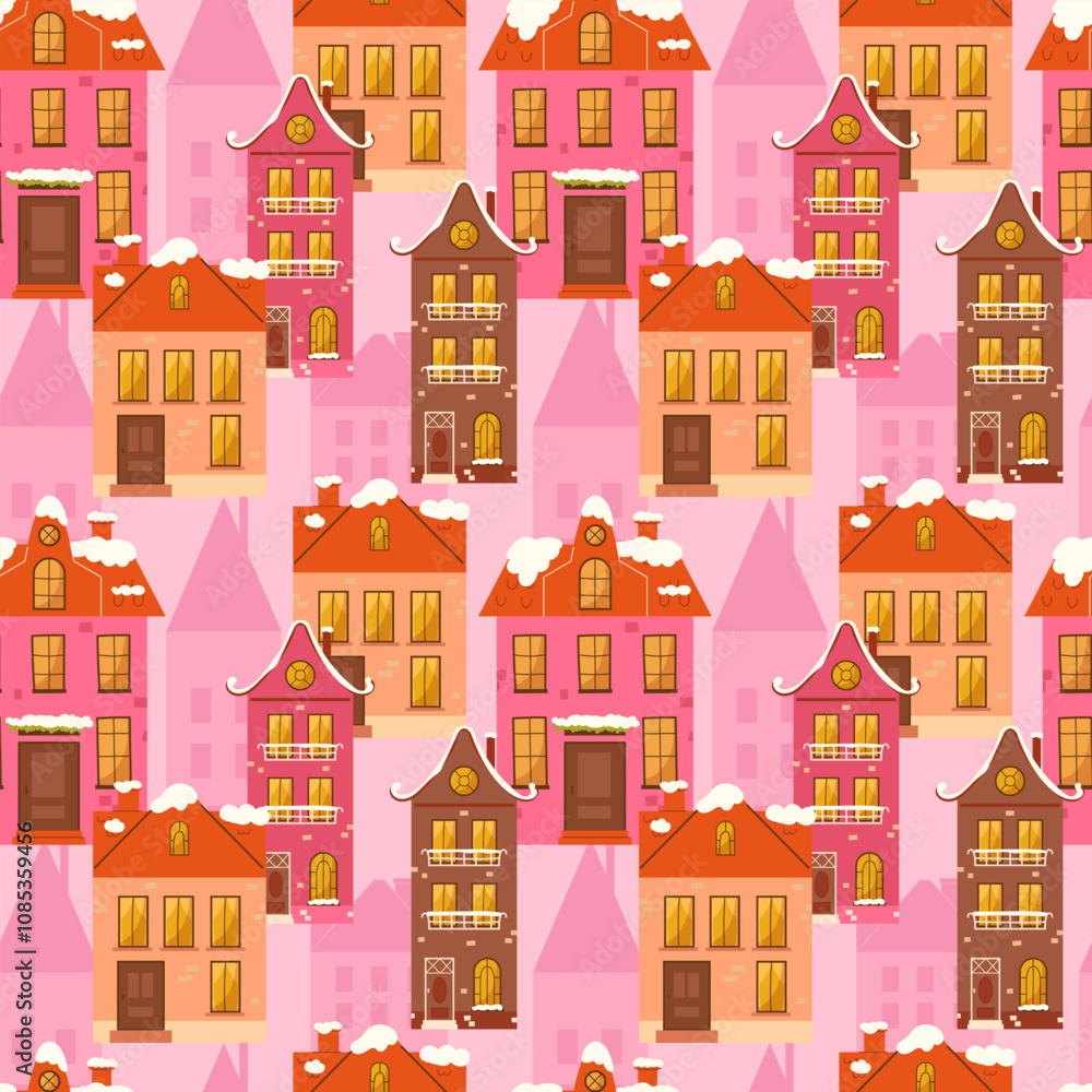 Winter seamless pattern with city houses Winter seamless pattern with city houses
