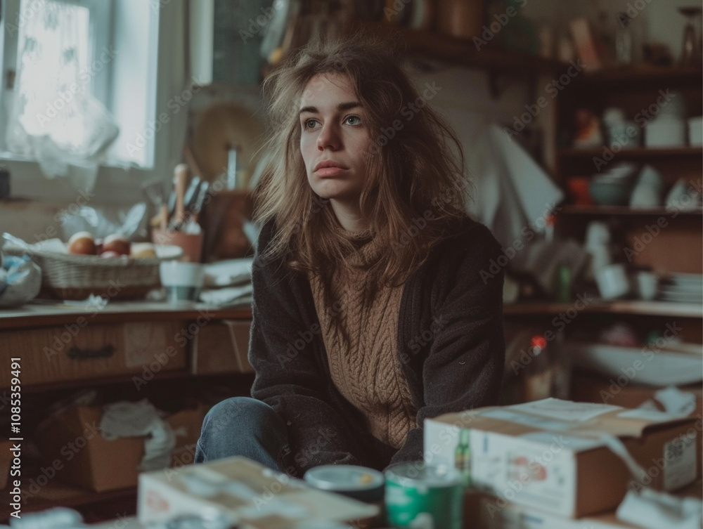 Fototapeta premium Socially vulnerable woman with financial problems. 