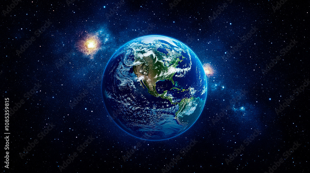 A blue and white planet with a star in the background A blue and white planet with a star in the background