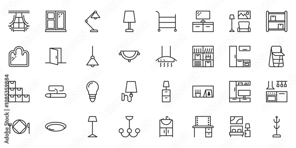 Furniture flat line icons set. Kitchen, bedroom, sofa table, bookcase closet, chair, mattress, lamps, ladder vector illustrations Furniture flat line icons set. Kitchen, bedroom, sofa table, bookcase closet, chair, mattress, lamps, ladder vector illustrations