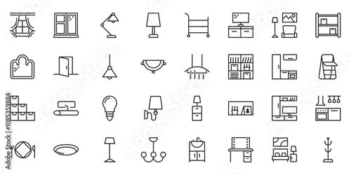 Furniture flat line icons set. Kitchen, bedroom, sofa table, bookcase closet, chair, mattress, lamps, ladder vector illustrations