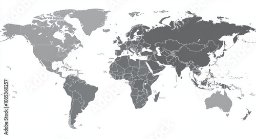 Fototapeta Naklejka Na Ścianę i Meble -  Detailed monochrome world map depicting geographic outlines with prominent continents and countries separated by clearly defined borders for educational or design use.