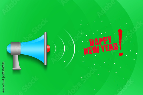 Happy New Year Inscription and megaphone on a bright green background. New Year background. Festive