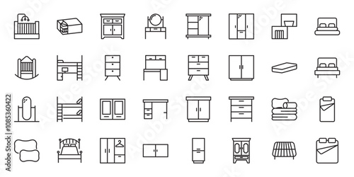 Furniture flat line icons set. Kitchen, bedroom, sofa table, bookcase closet, chair, mattress, lamps, ladder vector illustrations