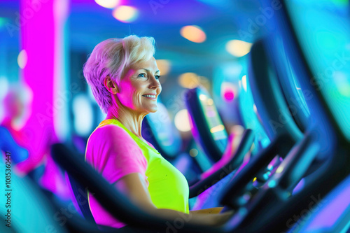 Woman, 60, exercising in a fitness center, smiling. Bright colors, dynamic lighting. Menopause concept. International Menopause Day. October 18 photo