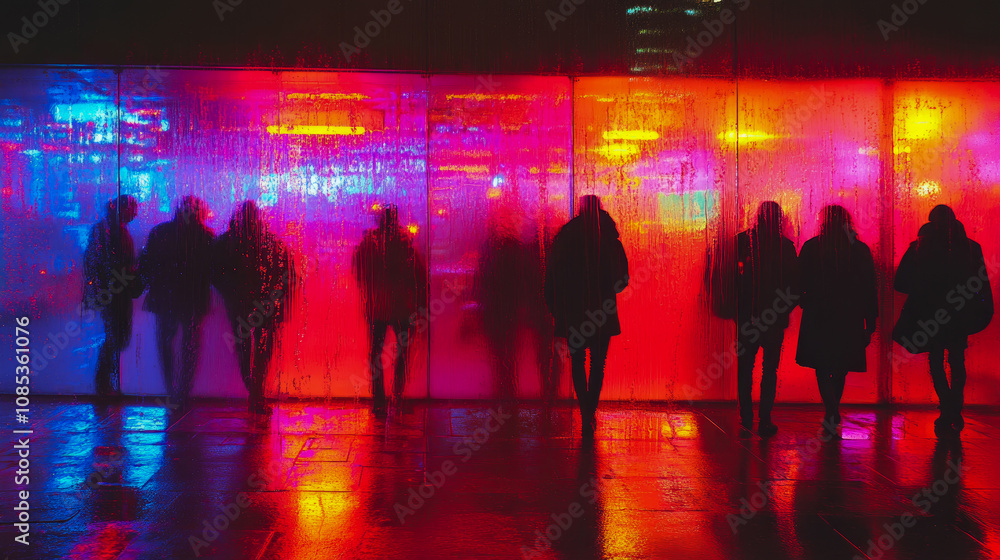 Individuals stand behind a glass wall illuminated in vivid colors, creating a lively atmosphere amid the rain on a bustling city evening Individuals stand behind a glass wall illuminated in vivid colors, creating a lively atmosphere amid the rain on a bustling city evening