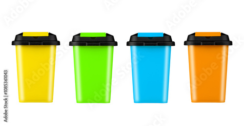 Lot of colorful trash cans. isolated on a white background. Garbage