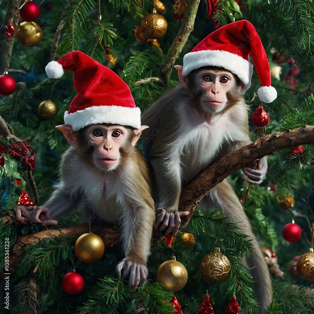 a group of mischievous monkeys dressed in santa.Animal themed christmas a group of mischievous monkeys dressed in santa.Animal themed christmas