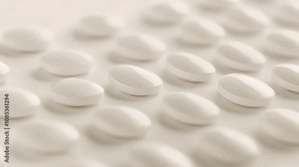 A macro close-up shot of white pills arranged neatly on a white background. A macro close-up shot of white pills arranged neatly on a white background.