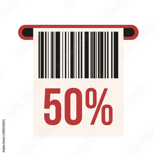 Flat style Sale Coupon with bar Code isolated transparent background. 50 % Sale Voucher in coupon machine. Template simple design for Black Friday web social media design. Vector illustration. 