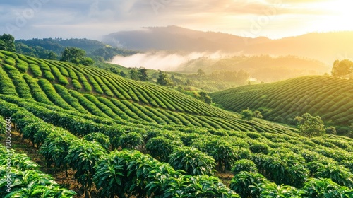 A scenic view of lush green coffee plantations under a sunrise sky.