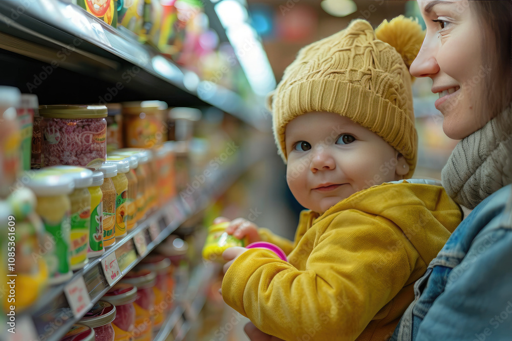 Happy mother and little child in the supermarket at the shelves with products, baby food. Purchase, product selection. Happy mother and little child in the supermarket at the shelves with products, baby food. Purchase, product selection.