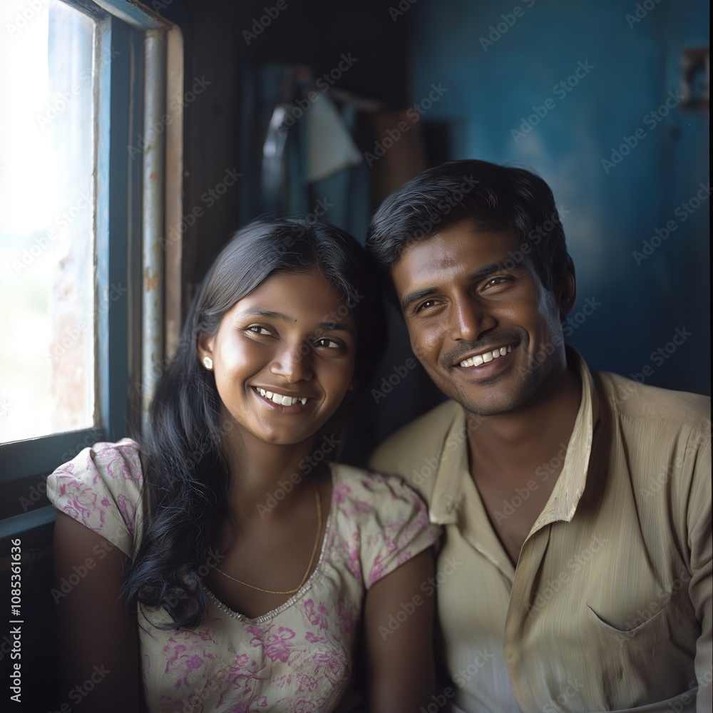 A young Indian couple enjoys each other's company, laughing in natural light by a window A young Indian couple enjoys each other's company, laughing in natural light by a window
