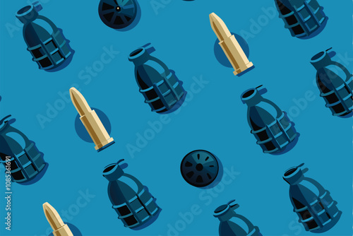 Design a repeating geometric pattern using intricately detailed grenade and bullet casing illustrations.  Emphasize metallic textures and shadows.