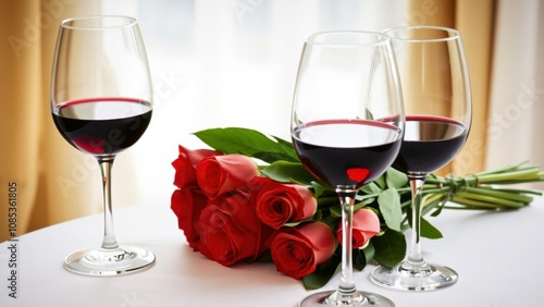 Elegant Wine and Roses Setting for Romantic Dinners, Celebrations, or Intimate Evenings photo