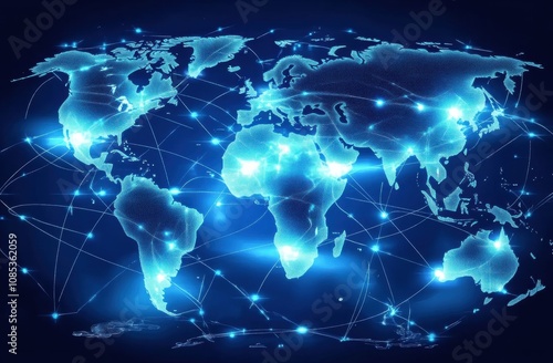 Futuristic Digital World Map with Network Connections and Glowing Nodes Illustrating Global Communication and Data Exchange in a High-Tech Environment