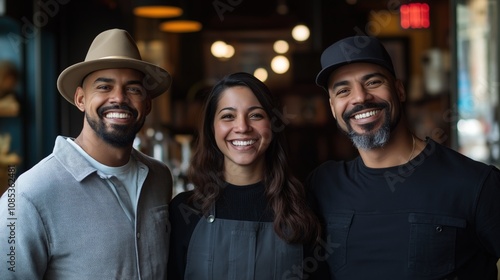 Three friends smile warmly, sharing a moment of joy in natural light at a cafe