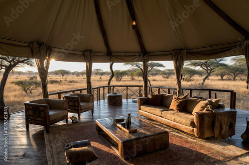 A high-end tented safari lodge featuring refined interiors, private decks, and panoramic views of wildlife