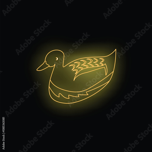 Yellow neon sign in the shape of a duck swimming on a black background