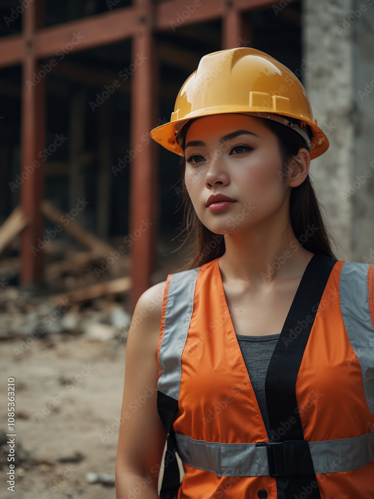 Confident Asian Female Architect Working on a Construction Site Confident Asian Female Architect Working on a Construction Site