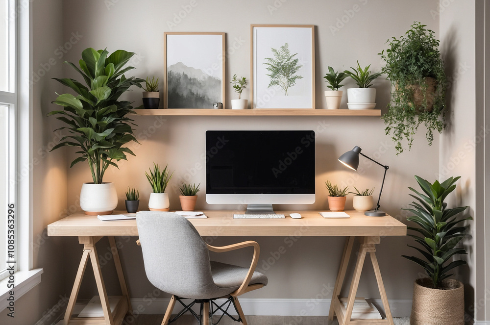 Home office in Japandi style with a wooden desk, neutral decor, and soft lighting. Home office in Japandi style with a wooden desk, neutral decor, and soft lighting.