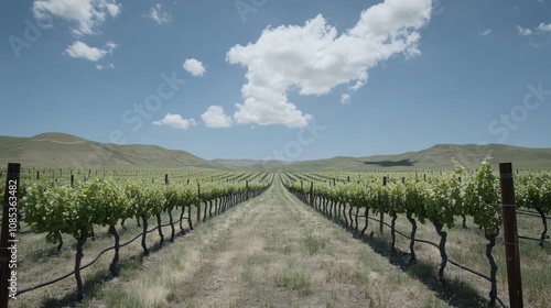 A scenic vineyard landscape under a clear blue sky with rows of grapevines.