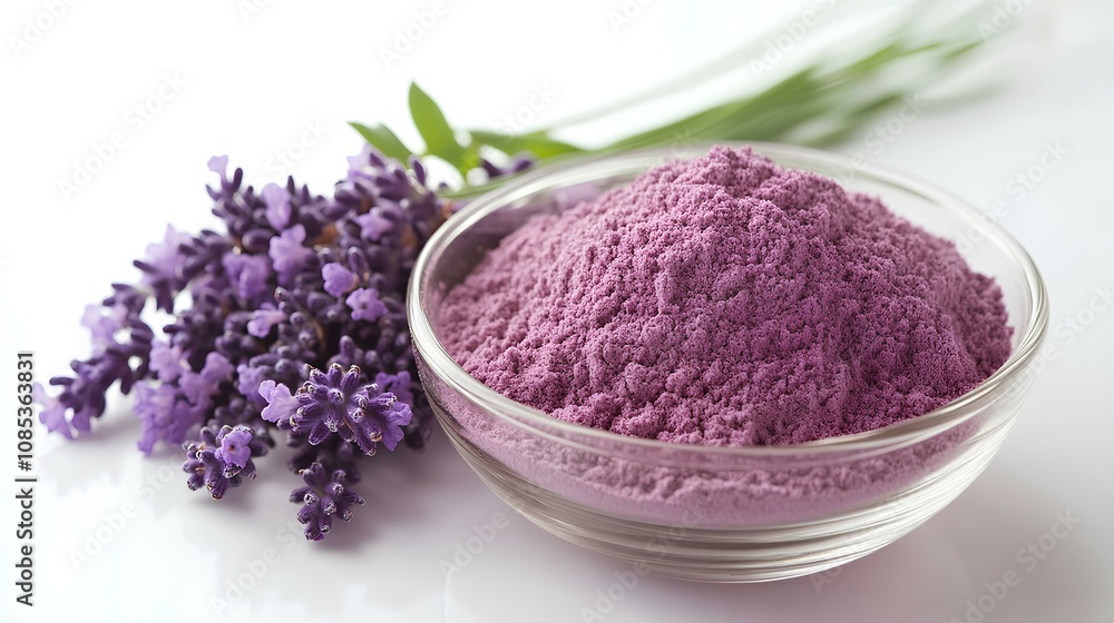 Lavender Flowers and Purple Powder in a Bowl on White Background Lavender Flowers and Purple Powder in a Bowl on White Background