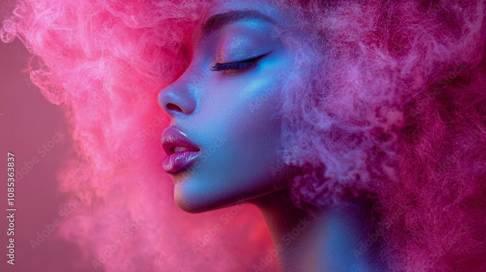 Fototapeta premium A model showcases her striking pink hair and makeup in a vibrant studio, illuminated by colorful lights during a creative fashion photoshoot