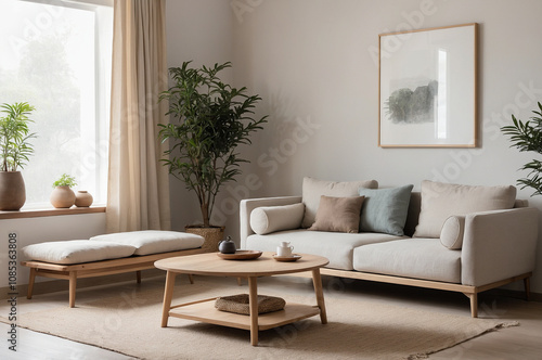 Wallpaper Mural Japandi living room with an open layout, wooden furniture, Neutral earth tones Torontodigital.ca