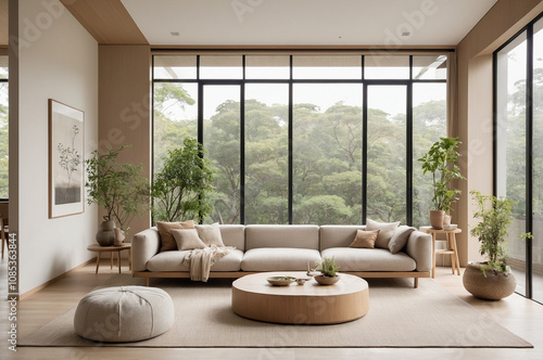 Japandi living room with minimalist furniture in light wood, neutral earth tone colors