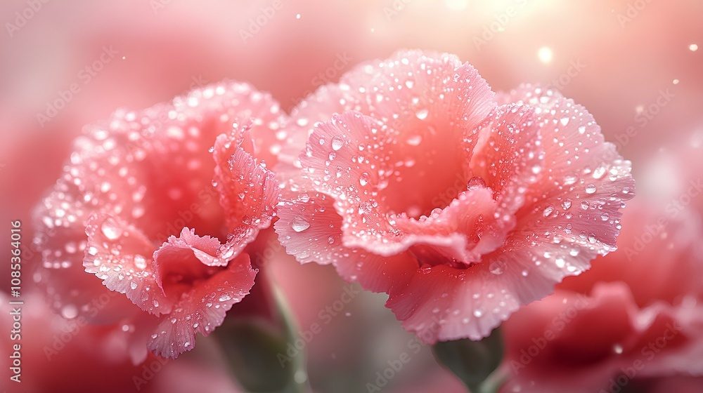Macro Photography of Pink Carnations with Dew Drops - Pastel Floral Beauty Macro Photography of Pink Carnations with Dew Drops - Pastel Floral Beauty