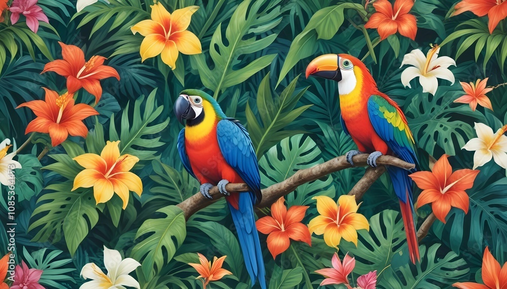 Tropical exotic pattern with animal and flowers in bright colors and lush vegetationn Tropical exotic pattern with animal and flowers in bright colors and lush vegetationn