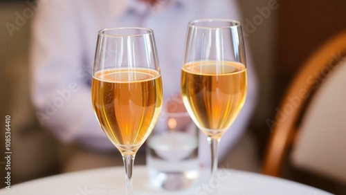 Elegant Celebration: Toasting with Golden Wine in Sophisticated Glasses on a Refined Table Setting