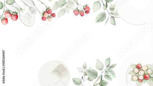 Vector illustration of a white plate with strawberries, cutlery and leaves
