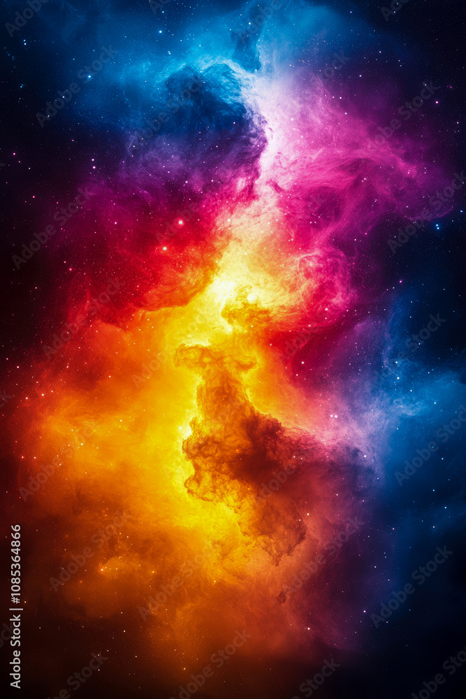 Naklejka premium The cosmos displays an exhilarating nebula with brilliant colors blending together, evoking a sense of wonder and the beauty of the universe
